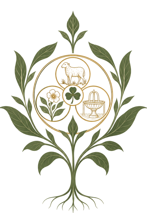 Emblema da Comunidade: raízes, folhas e símbolos da vida ancestral